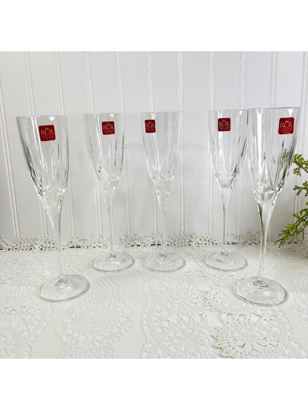 Set of 5 RCR Christalleria Italiana  Disaronno Champagne Flute Glasses 9.25"